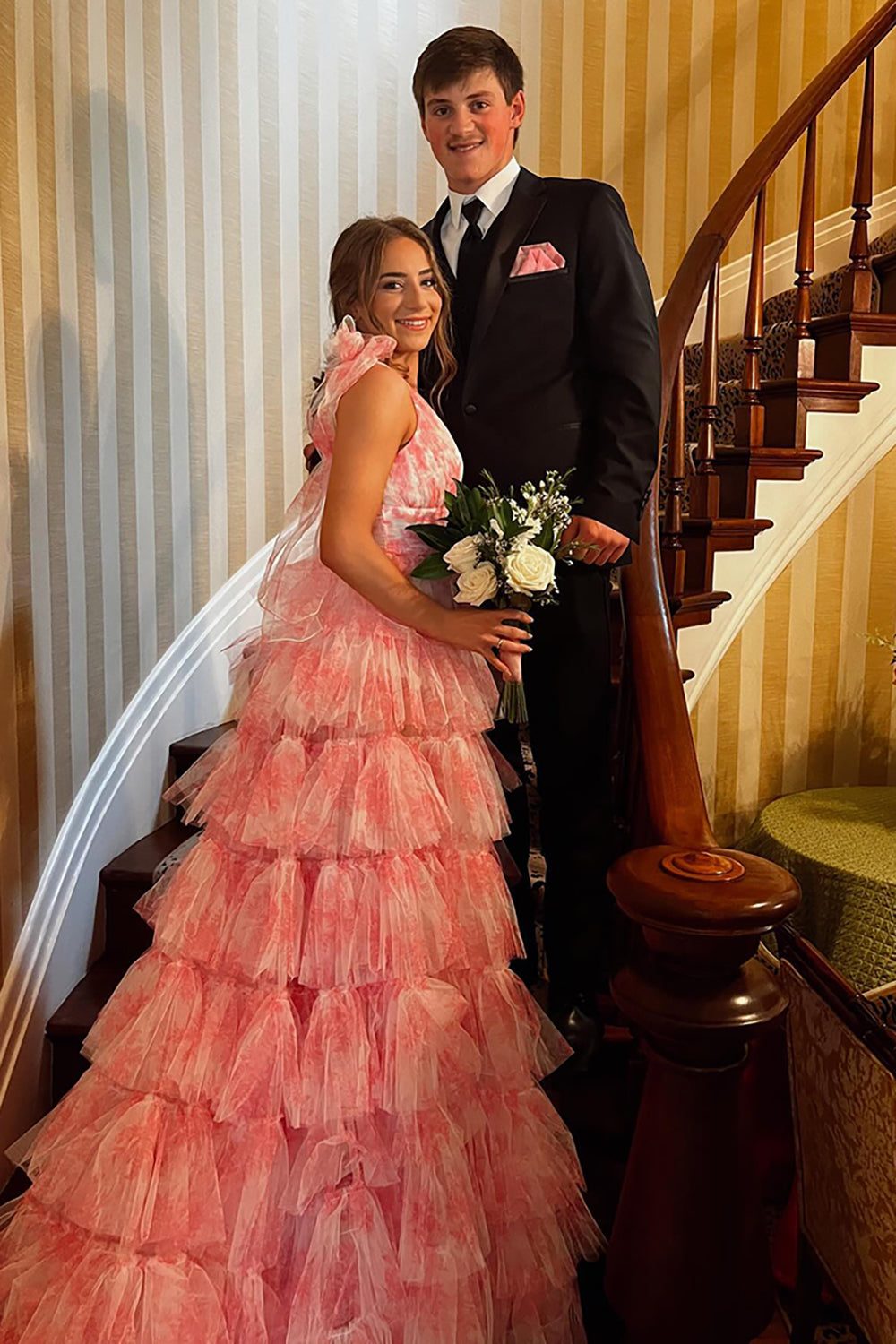 Blue Floral Printed V-neck A-Line Ruffled Long Prom Dress with Slit