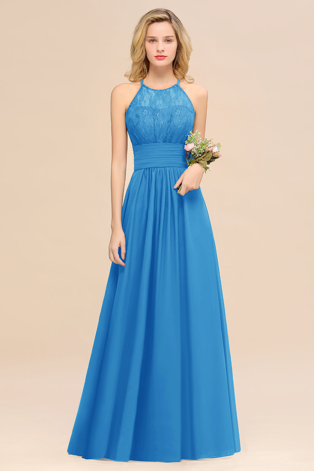 Blue Halter Chiffon A-Line Long Bridesmaid Dress