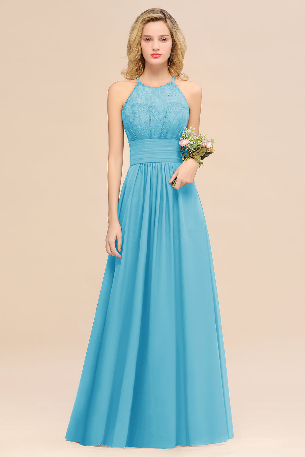 Blue Halter Chiffon A-Line Long Bridesmaid Dress