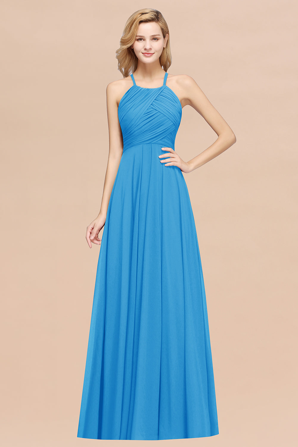 Blue Halter Chiffon A-Line Long Bridesmaid Dress with Ruching