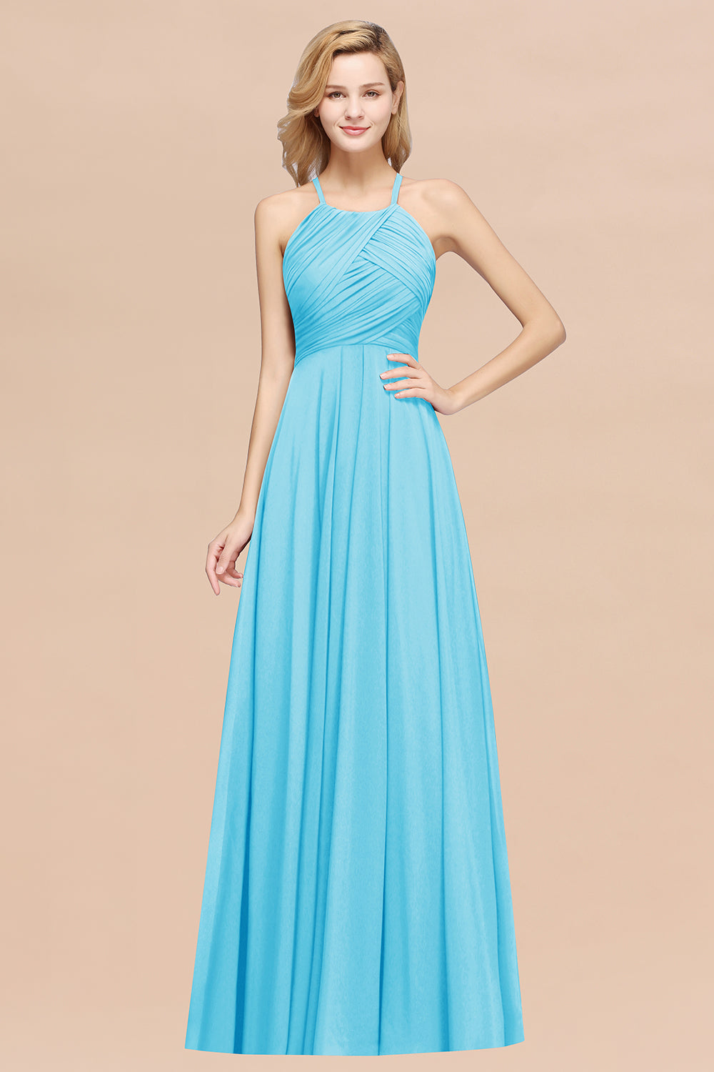 Blue Halter Chiffon A-Line Long Bridesmaid Dress with Ruching