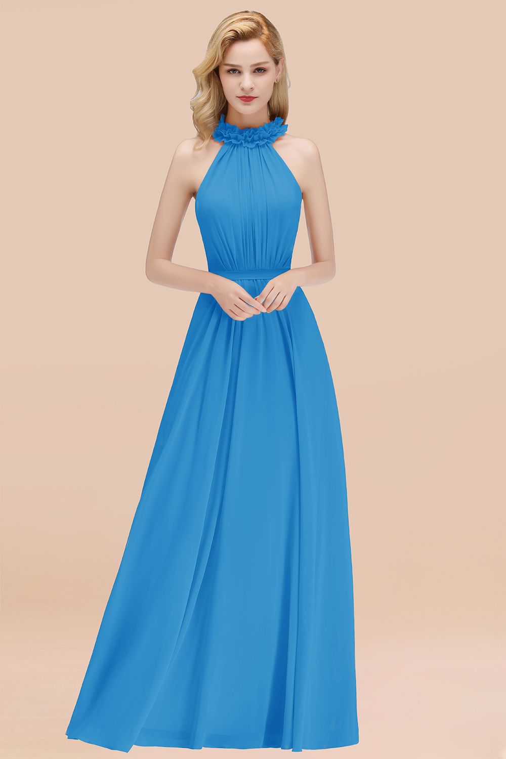 Blue High Neck Chiffon A-Line Long Bridesmaid Dress