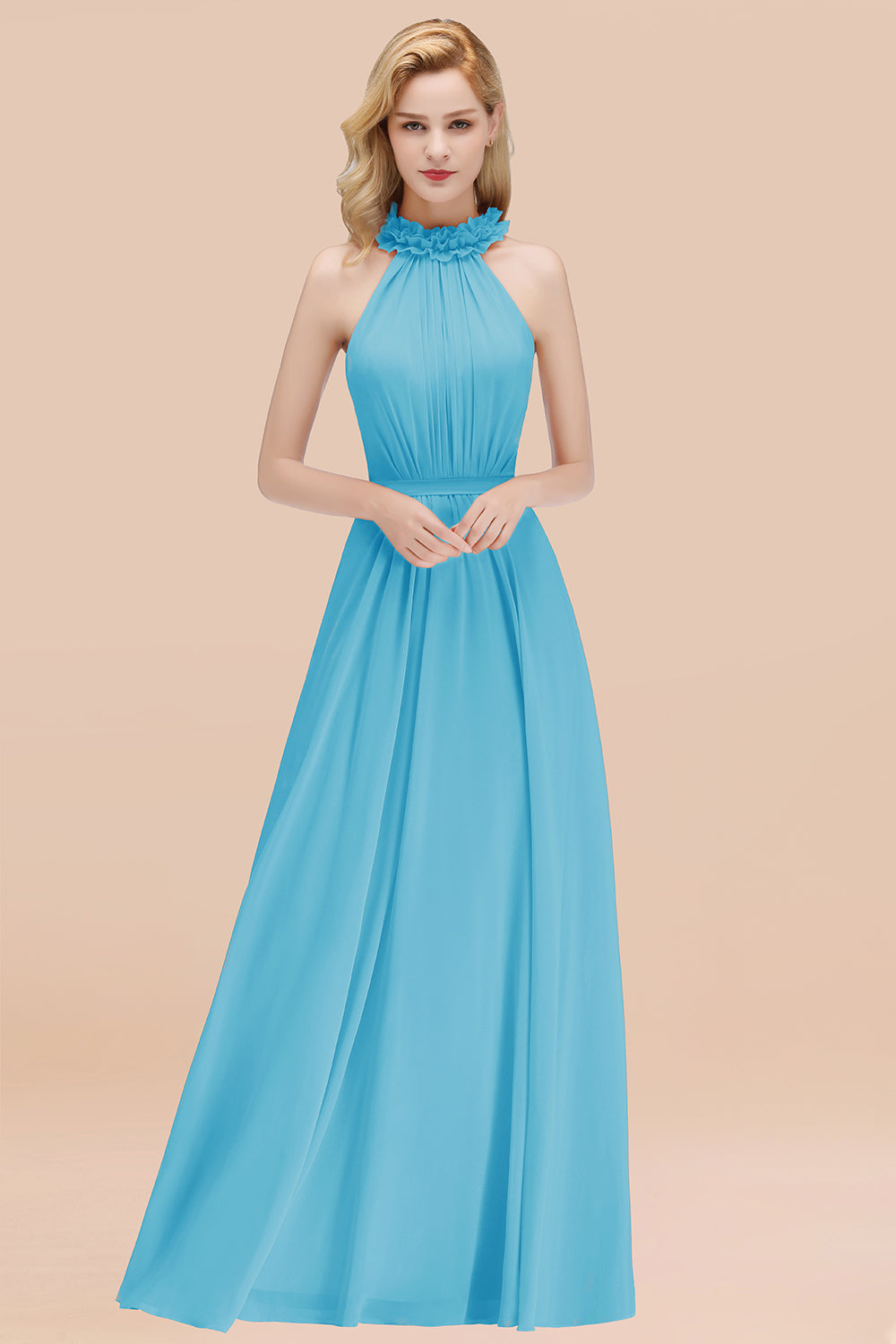 Blue High Neck Chiffon A-Line Long Bridesmaid Dress