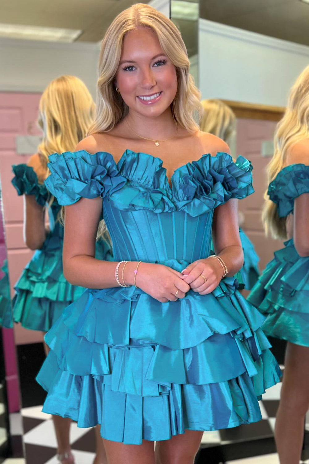 Blue Off The Shoulder A-Line Homecoming Dress with Ruffles