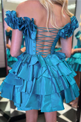 Blue Off The Shoulder A-Line Homecoming Dress with Ruffles Back Detail