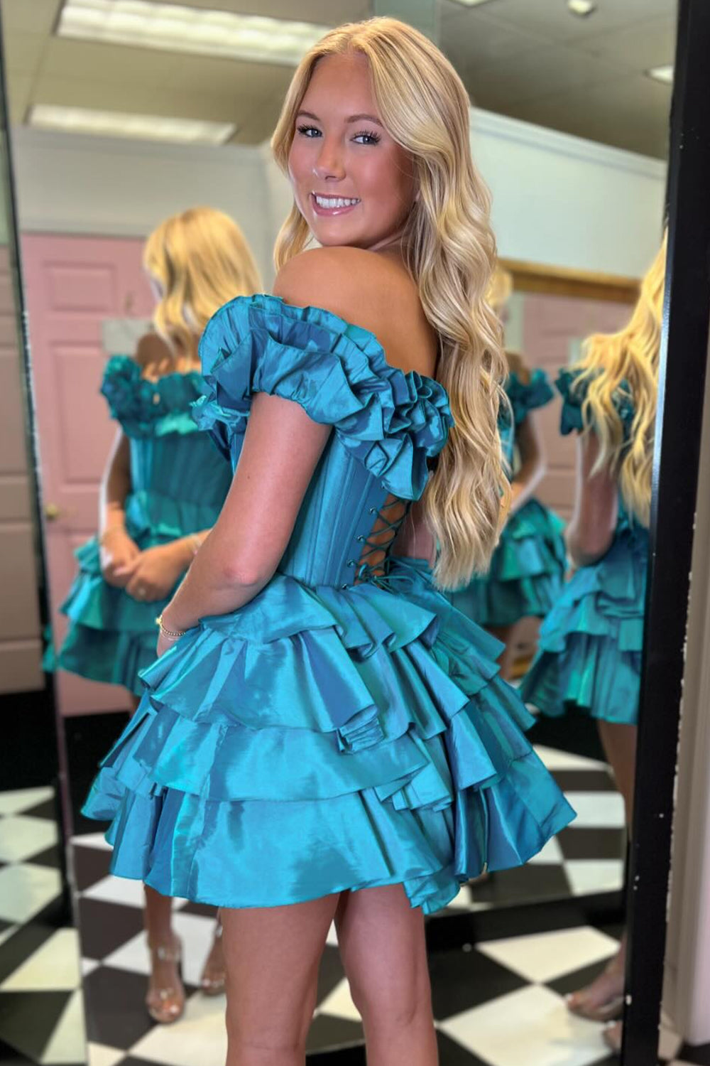 Blue Off The Shoulder A-Line Homecoming Dress with Ruffles Back View