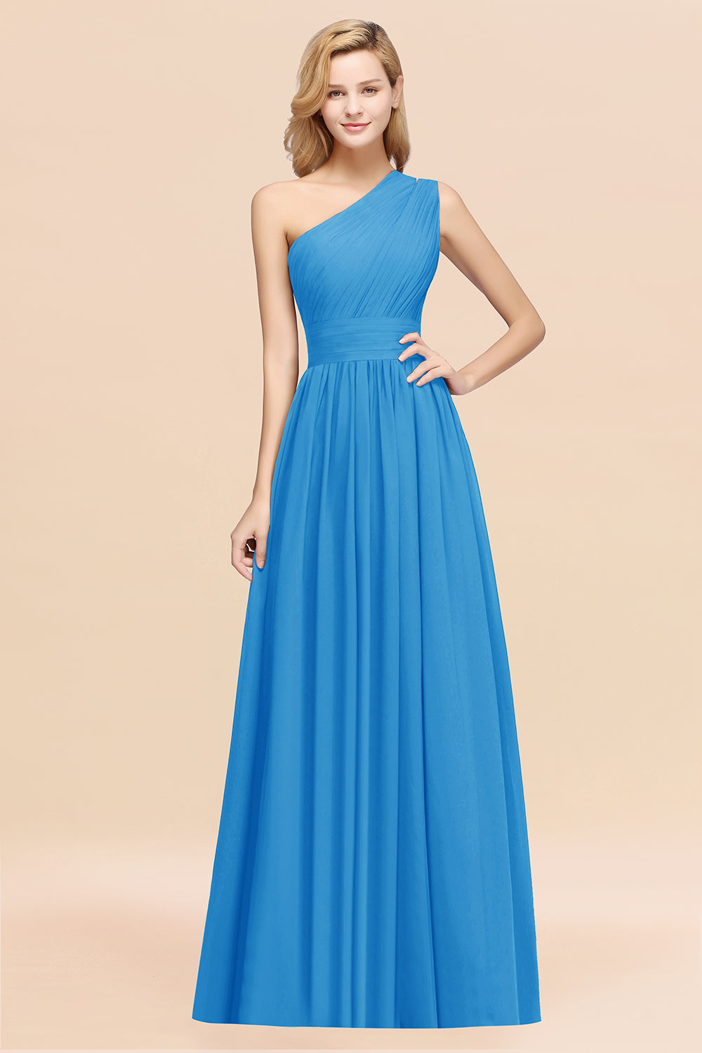 Blue One Shoulder Chiffon A-Line Long Bridesmaid Dress