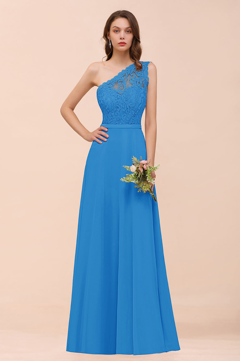 Blue One Shoulder Chiffon A-Line Long Bridesmaid Dress