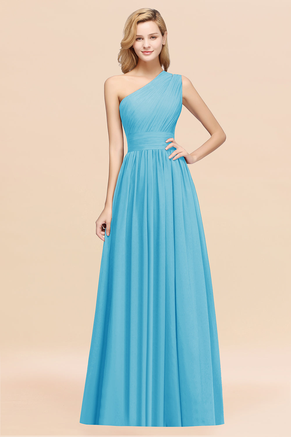 Blue One Shoulder Chiffon A-Line Long Bridesmaid Dress