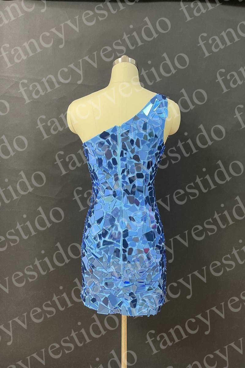 Blue One Shoulder Sequin Bodycon Homecoming Dress Back View