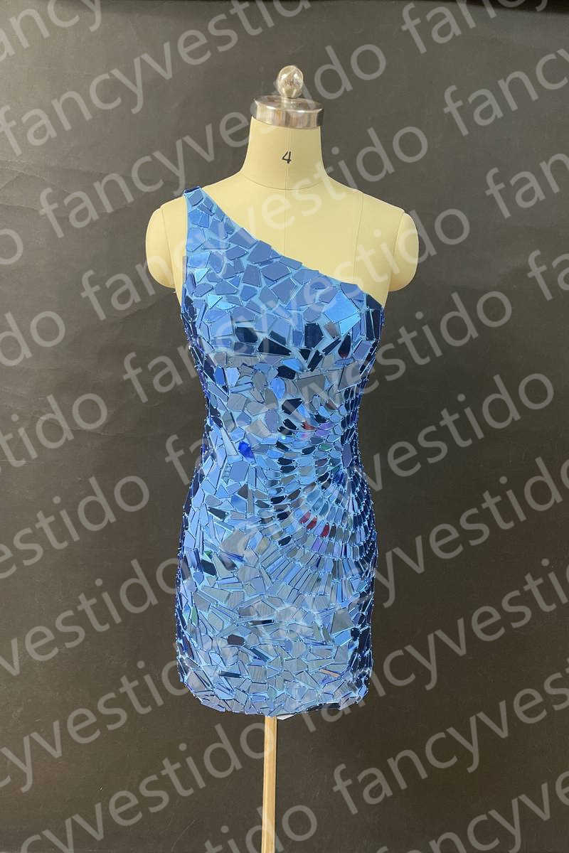 Blue One Shoulder Sequin Bodycon Homecoming Dress