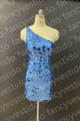 Blue One Shoulder Sequin Bodycon Homecoming Dress