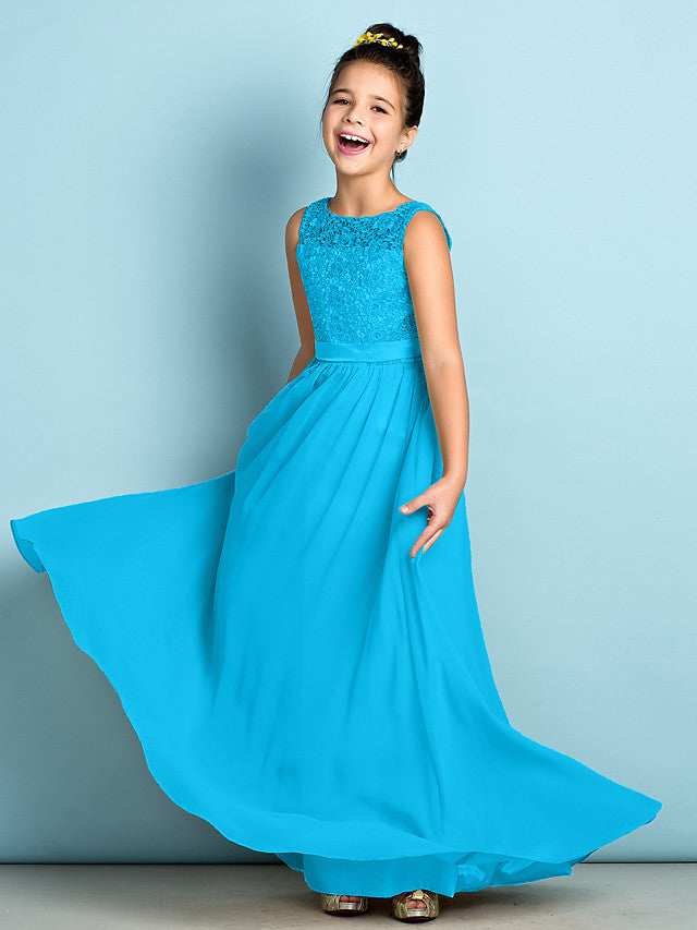 Blue Scoop Neck Chiffon A-Line Flower Girl Dress