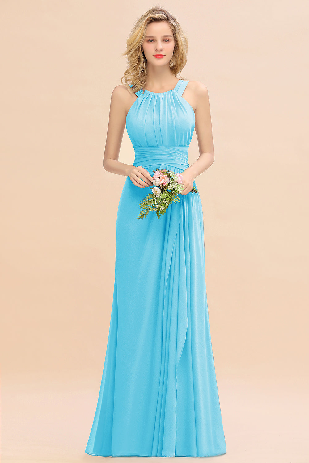 Blue Scoop Neck Chiffon A-Line Long Bridesmaid Dress