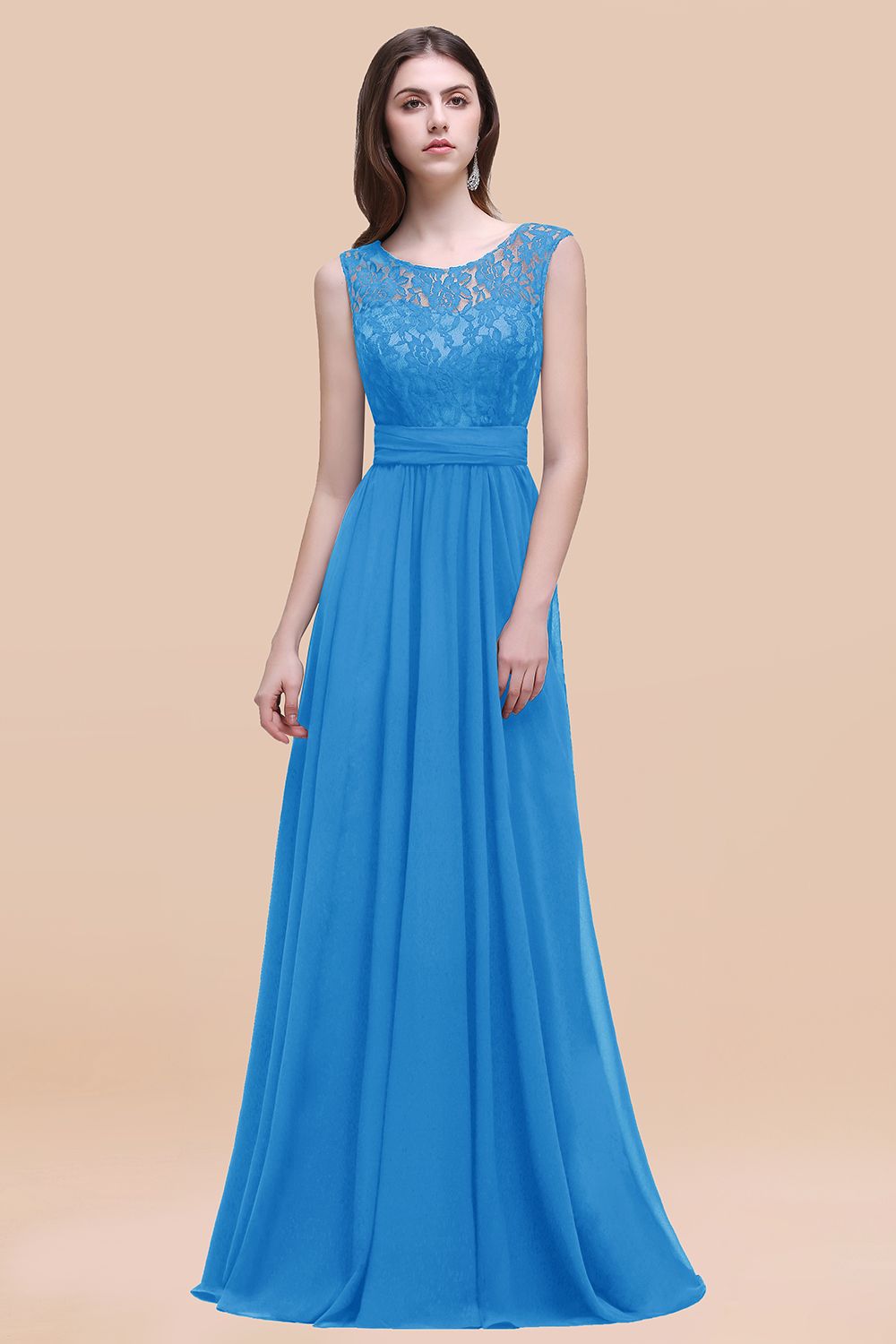 Blue Scoop Neck Chiffon A-Line Long Bridesmaid Dress