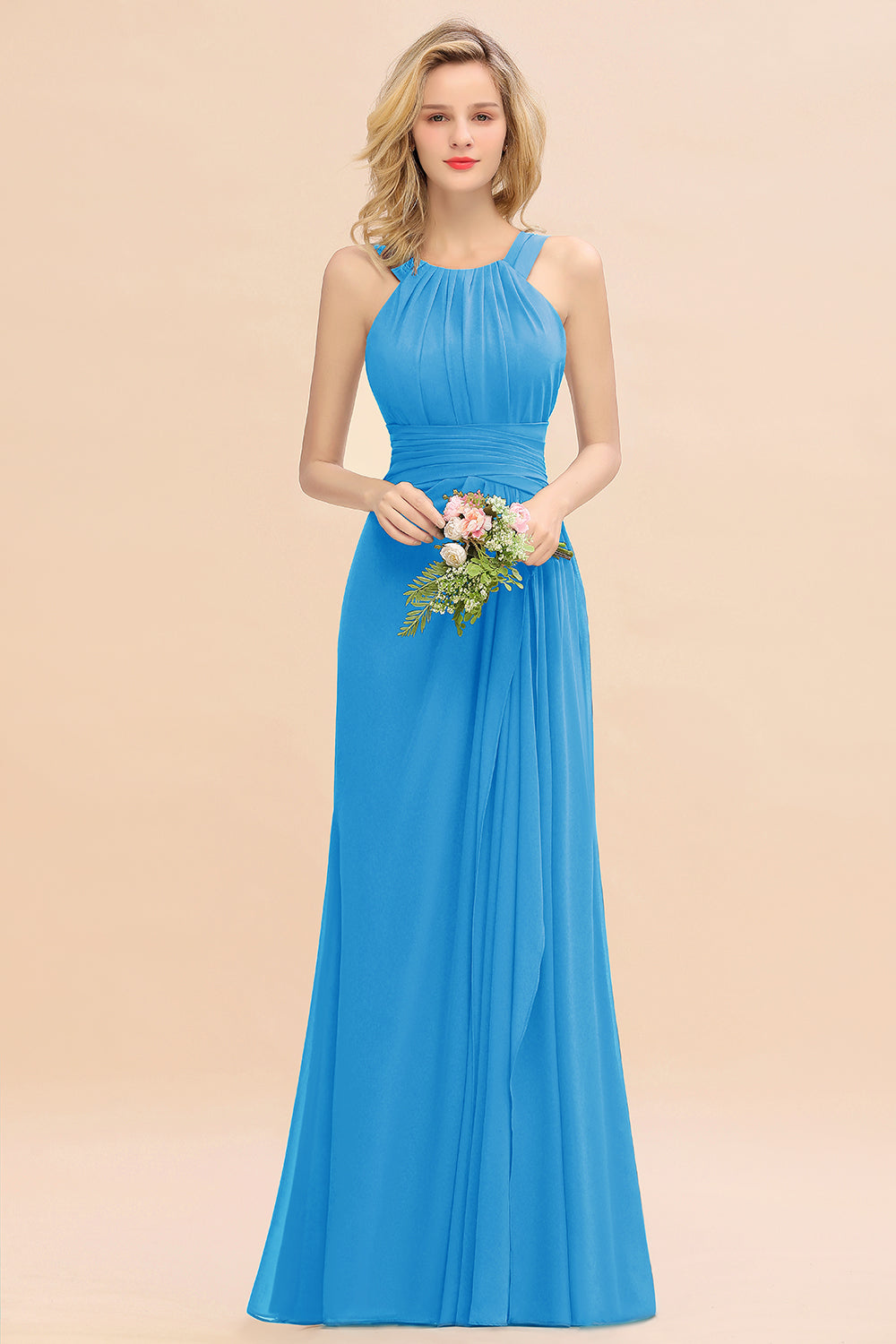 Blue Scoop Neck Chiffon A-Line Long Bridesmaid Dress