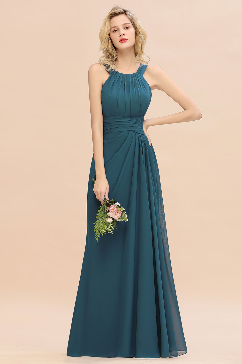 Blue Scoop Neck Chiffon A-Line Long Bridesmaid Dress