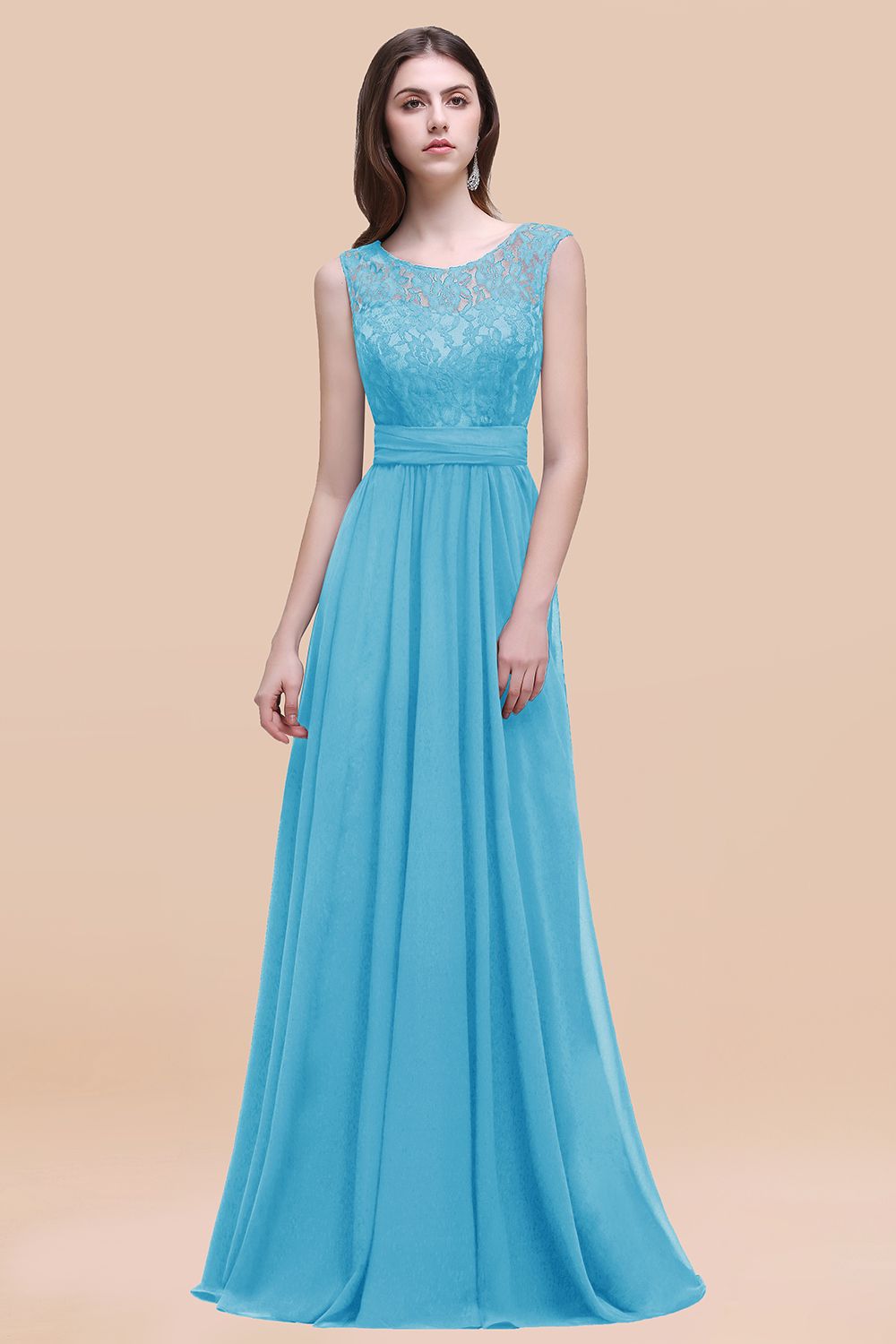 Blue Scoop Neck Chiffon A-Line Long Bridesmaid Dress