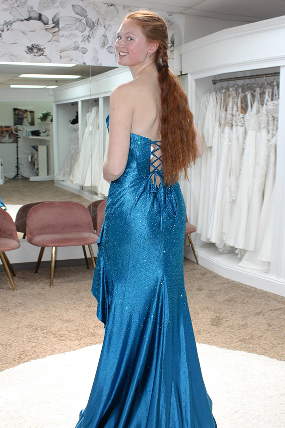 Blue Strapless Mermaid Long Prom Dress with Slit Back View