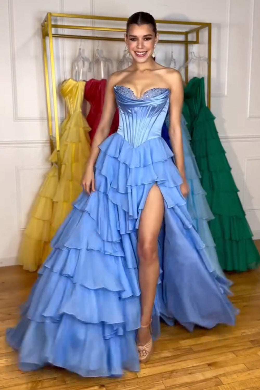 Blue Sweetheart A-Line Long Prom Dress with Slit