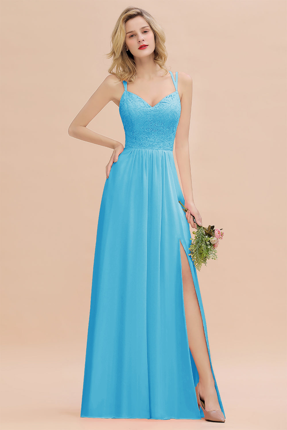 Blue Sweetheart Chiffon A-Line Long Bridesmaid Dress with Slit