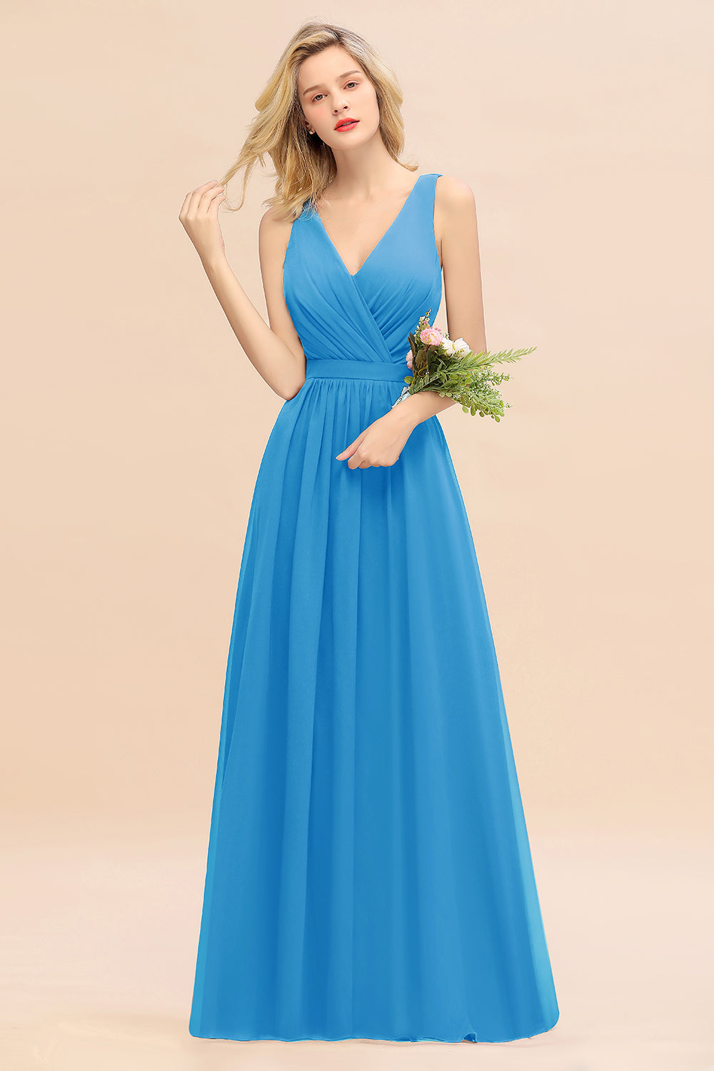 Blue V-Neck Chiffon A-Line Long Bridesmaid Dress with Ruching