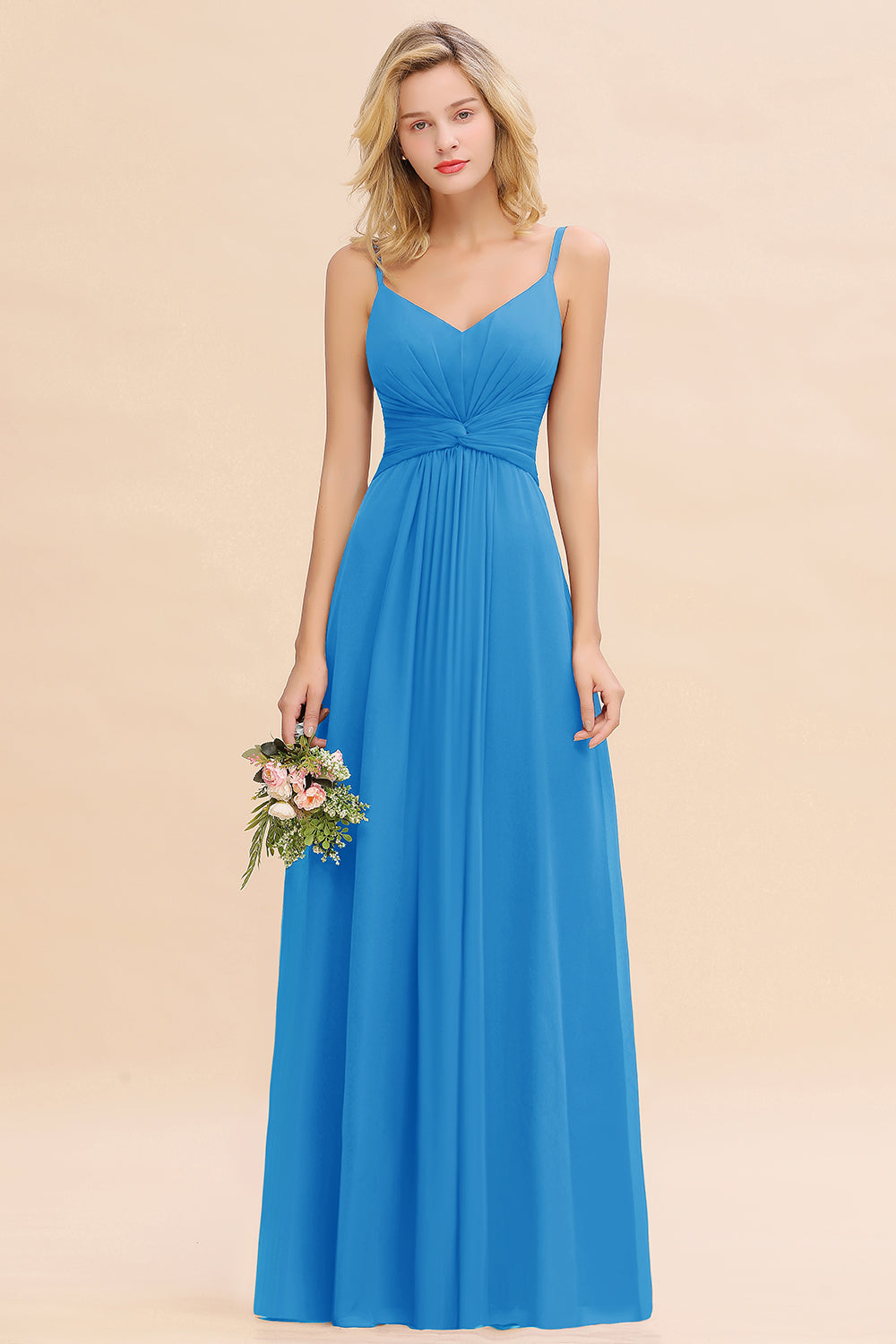 Blue V-Neck Chiffon A-Line Long Bridesmaid Dress with Ruching