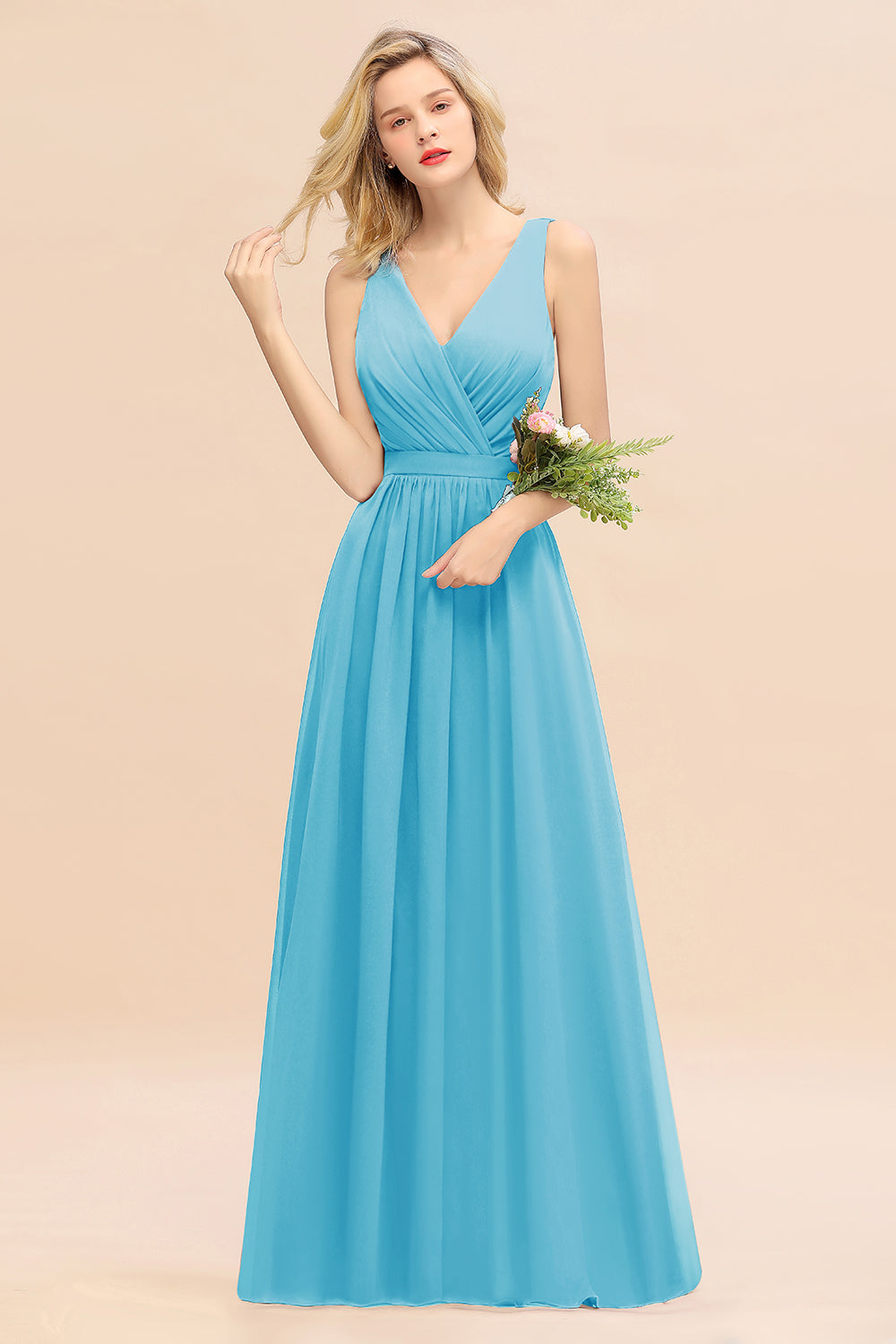 Blue V-Neck Chiffon A-Line Long Bridesmaid Dress with Ruching