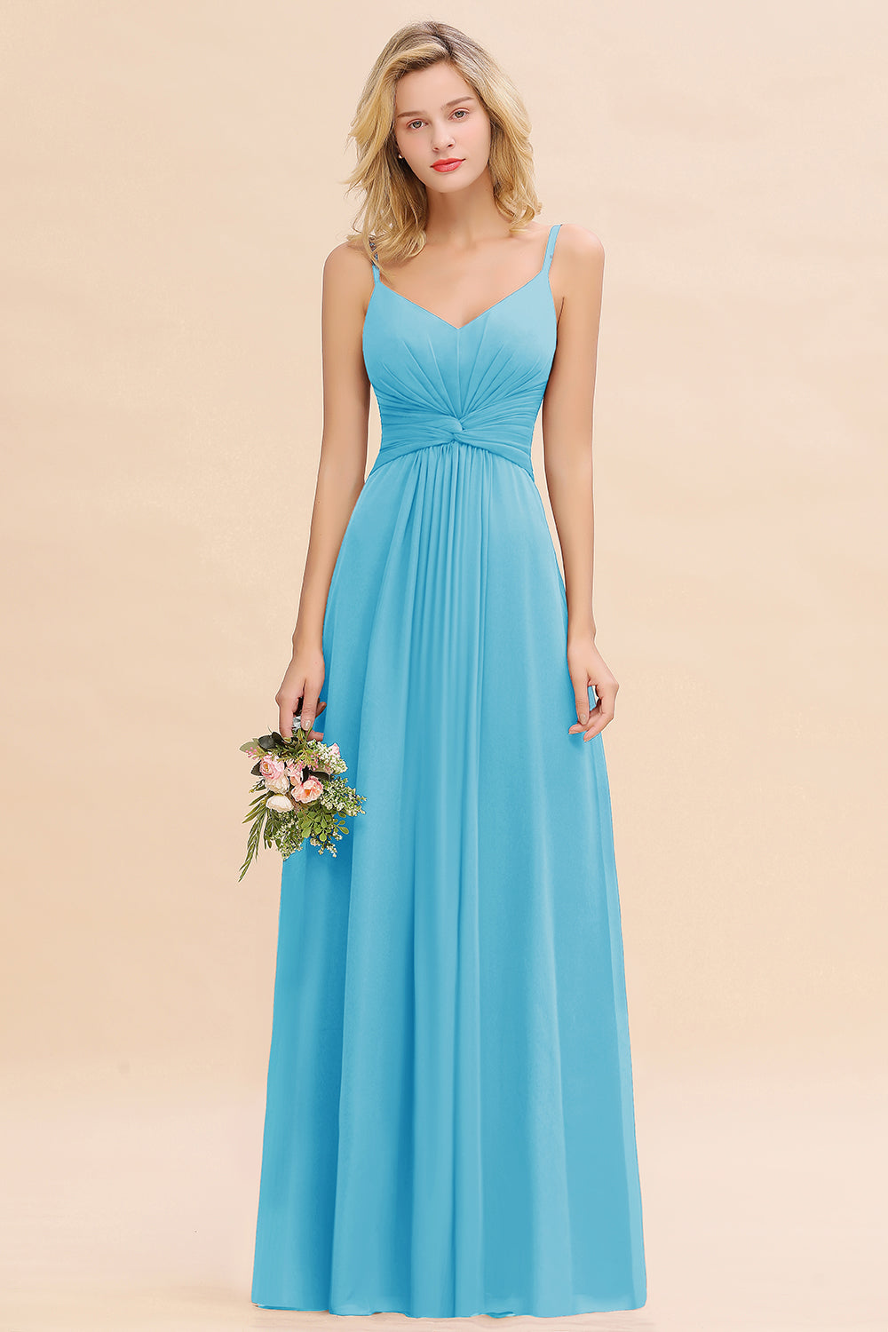 Blue V-Neck Chiffon A-Line Long Bridesmaid Dress with Ruching