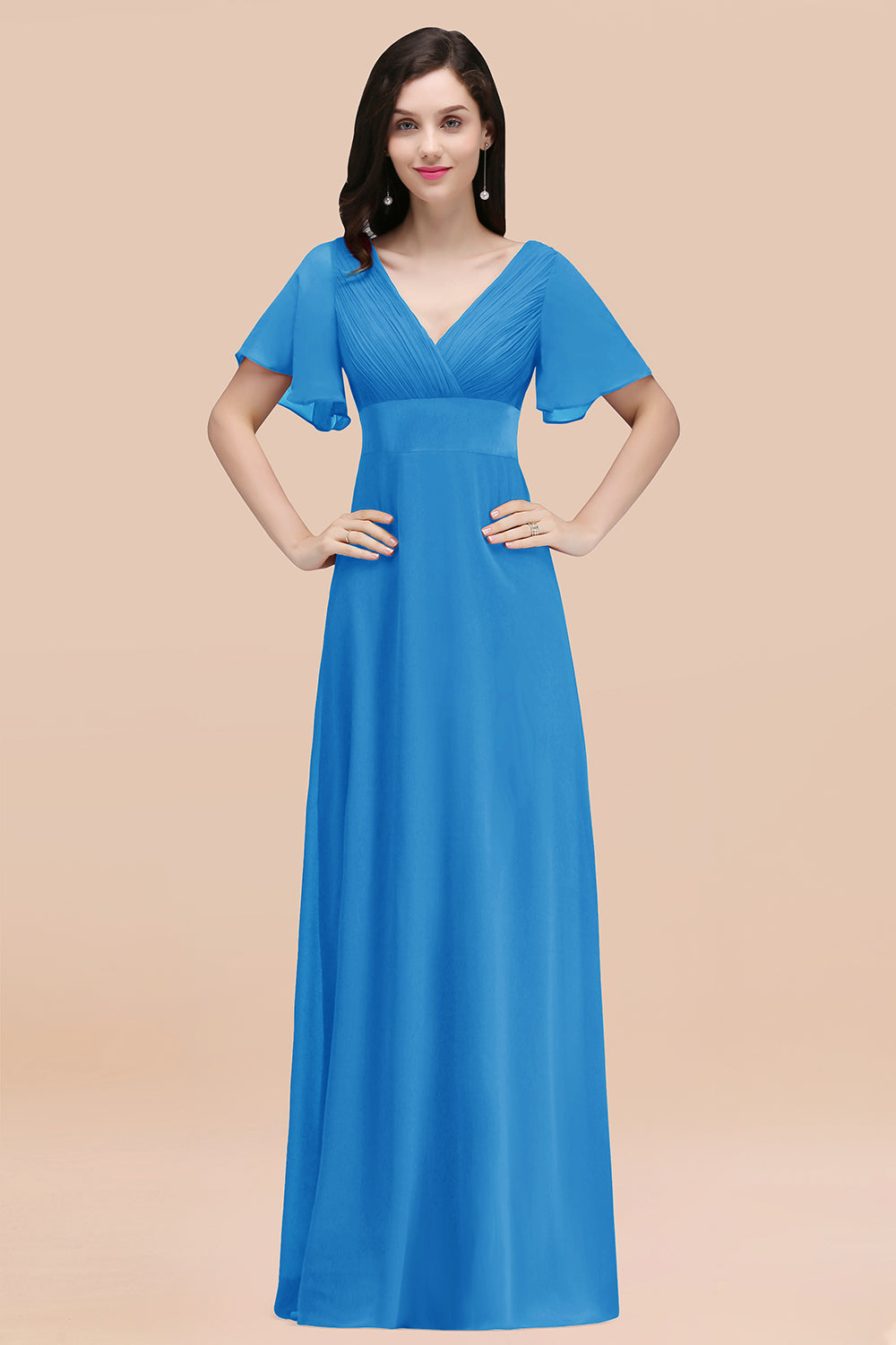 Blue V-Neck Chiffon Empire Long Bridesmaid Dress with Pleats