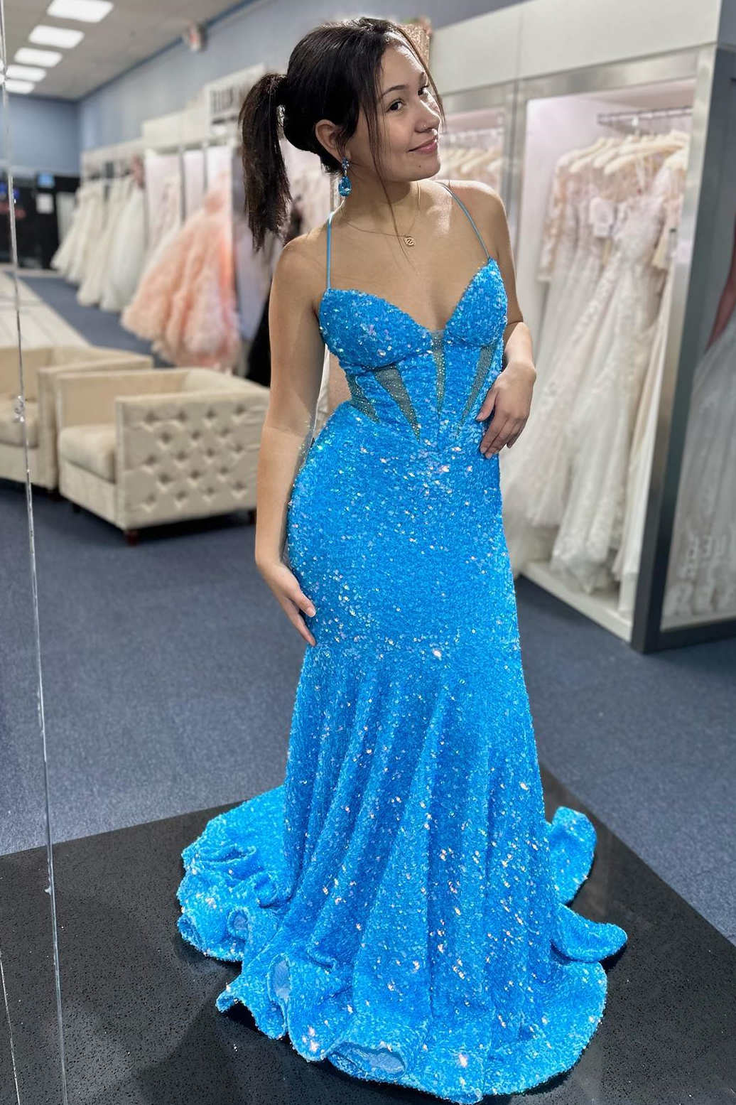 Blue V-Neck Sequin Mermaid Long Prom Dress with Corset Bodice