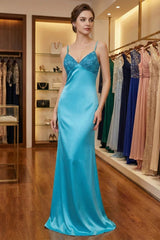 27Dress Blue Sheath V-neck Satin Evening Dress Bow Back with Beadings