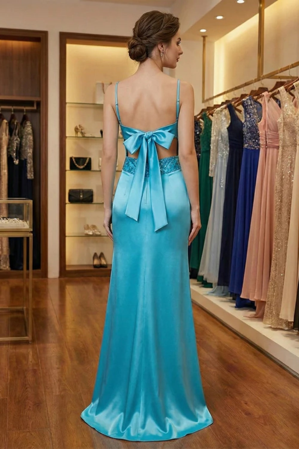 27Dress Blue Sheath V-neck Satin Evening Dress Bow Back with Beadings