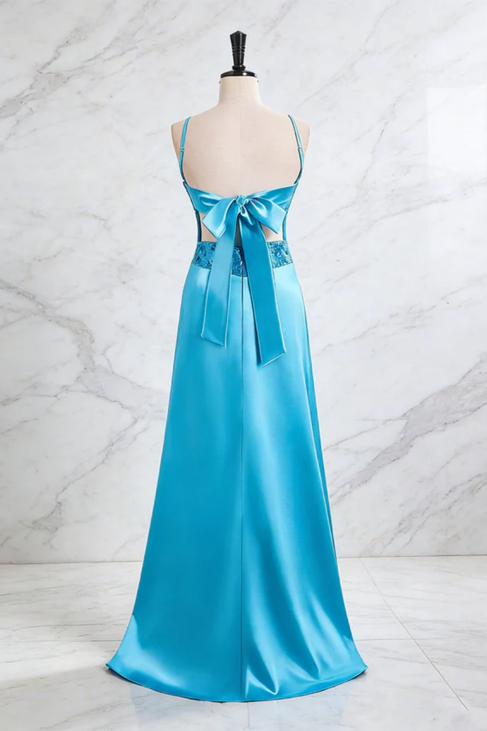 27Dress Blue Sheath V-neck Satin Evening Dress Bow Back with Beadings