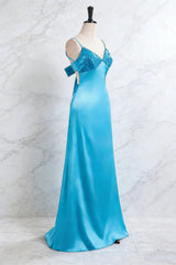 27Dress Blue Sheath V-neck Satin Evening Dress Bow Back with Beadings