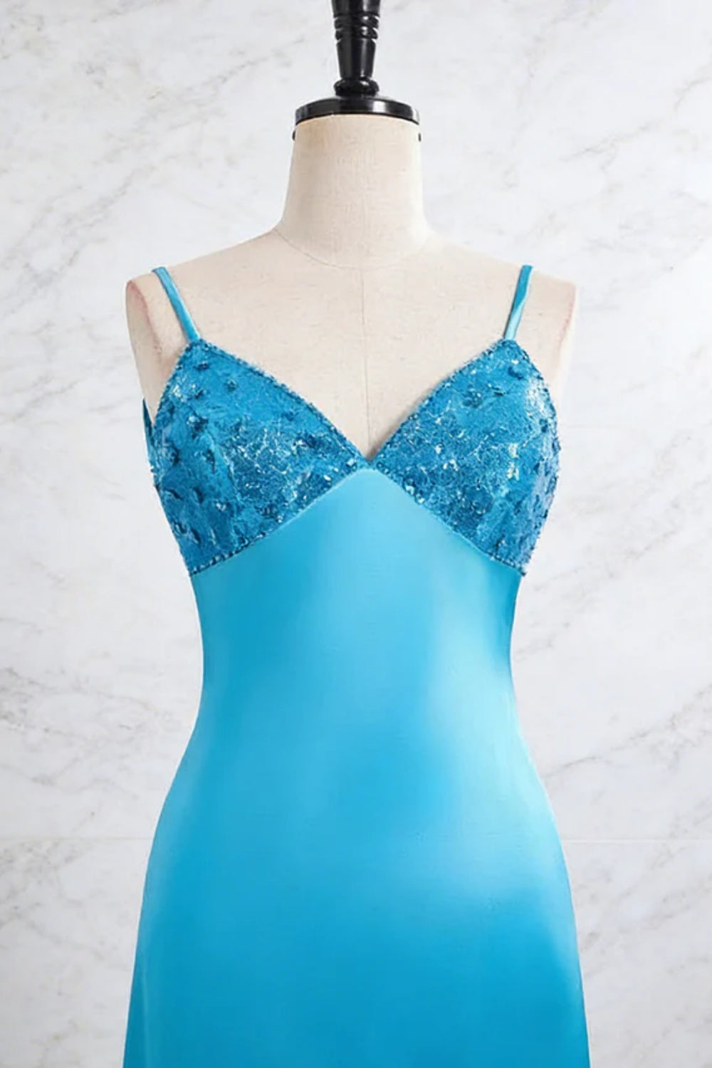 27Dress Blue Sheath V-neck Satin Evening Dress Bow Back with Beadings