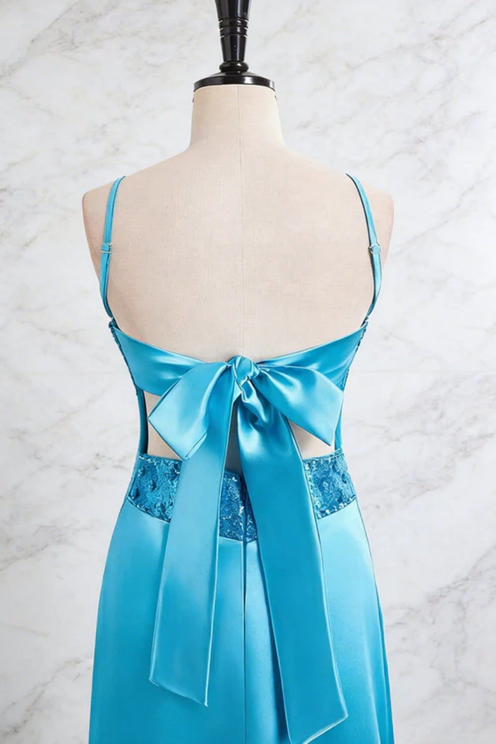 27Dress Blue Sheath V-neck Satin Evening Dress Bow Back with Beadings