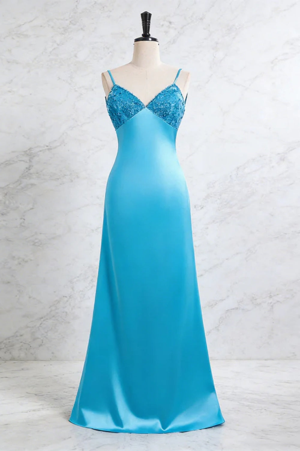 27Dress Blue Sheath V-neck Satin Evening Dress Bow Back with Beadings