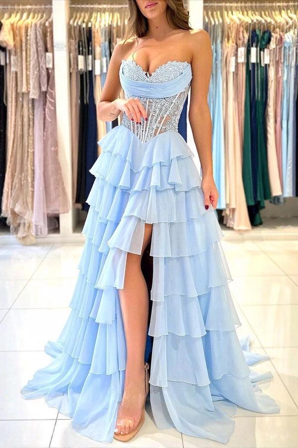 Biztuunel Blue Sweetheart High-split A Line Prom Dress with Ruffles