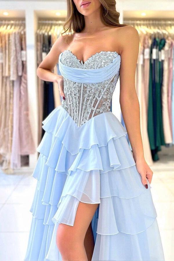Biztuunel Blue Sweetheart High-split A Line Prom Dress with Ruffles
