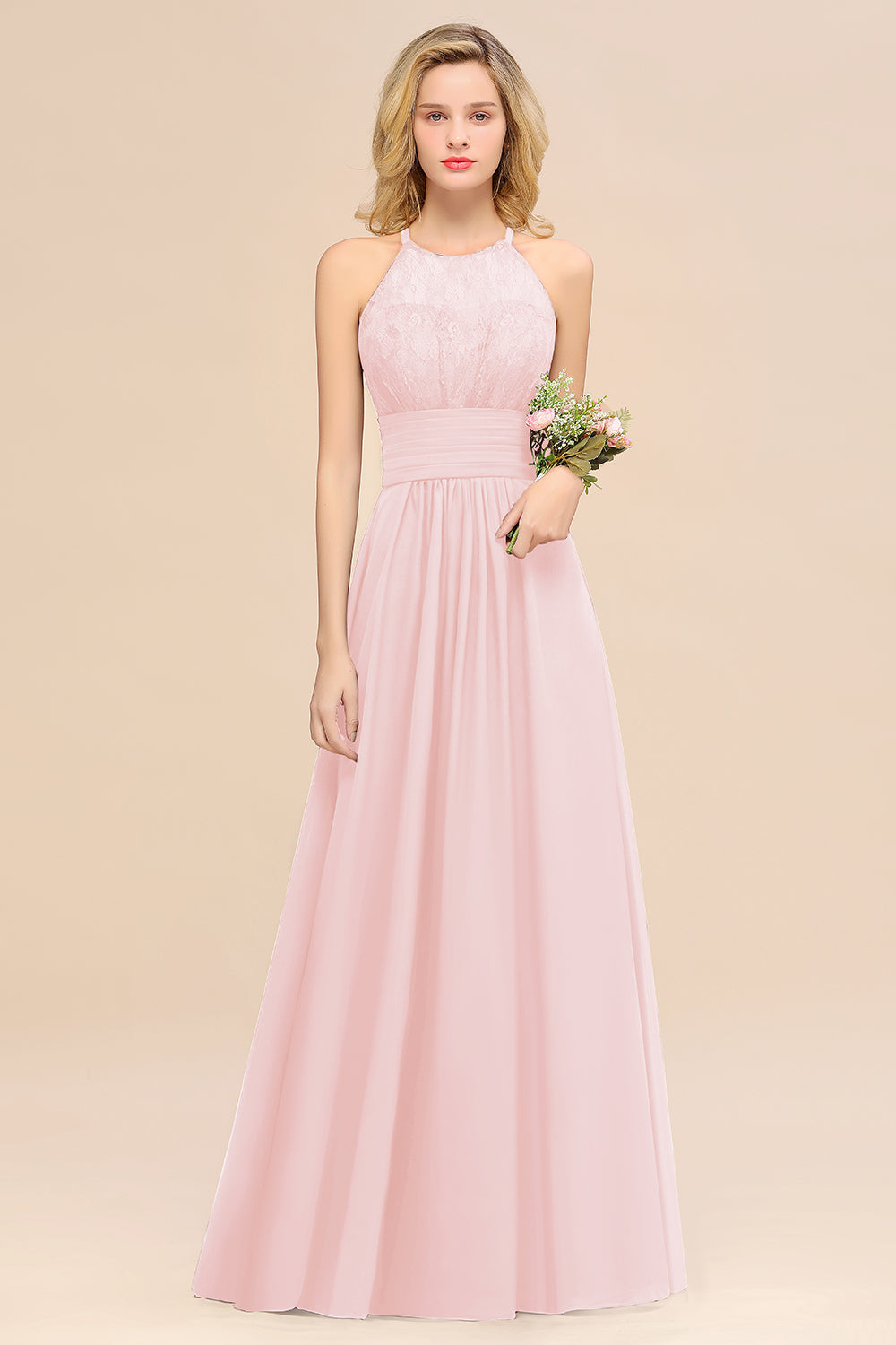 Blush Halter Chiffon A-Line Long Bridesmaid Dress