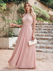 Blush Halter Chiffon A-Line Long Bridesmaid Dress with Lace Appliques
