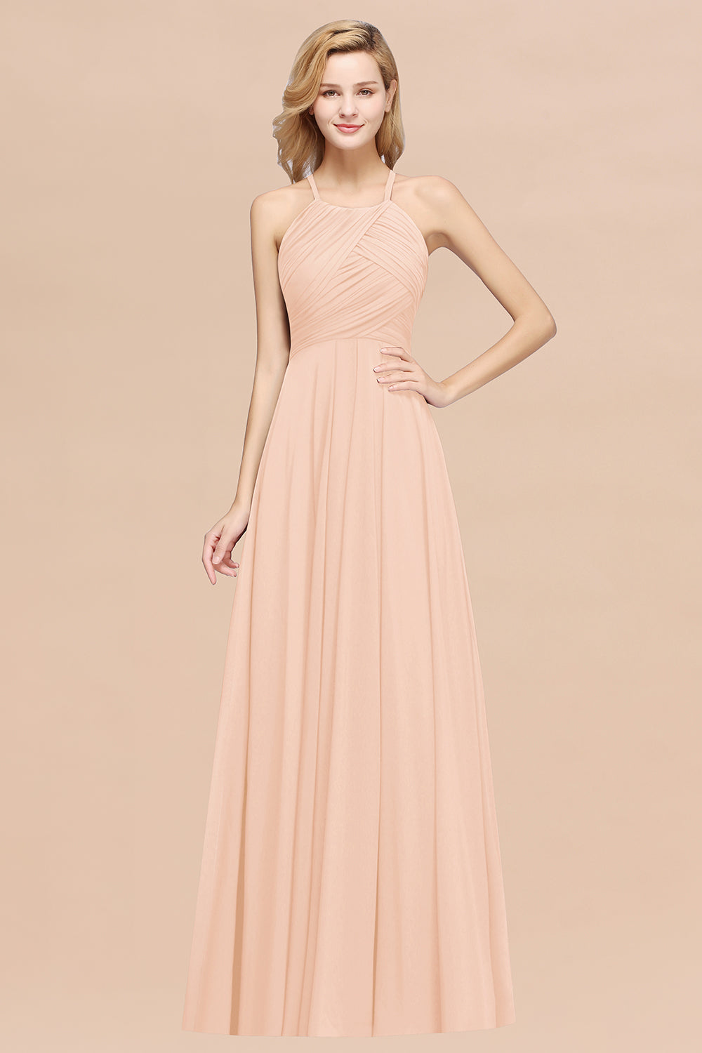 Blush Halter Chiffon A-Line Long Bridesmaid Dress with Ruching