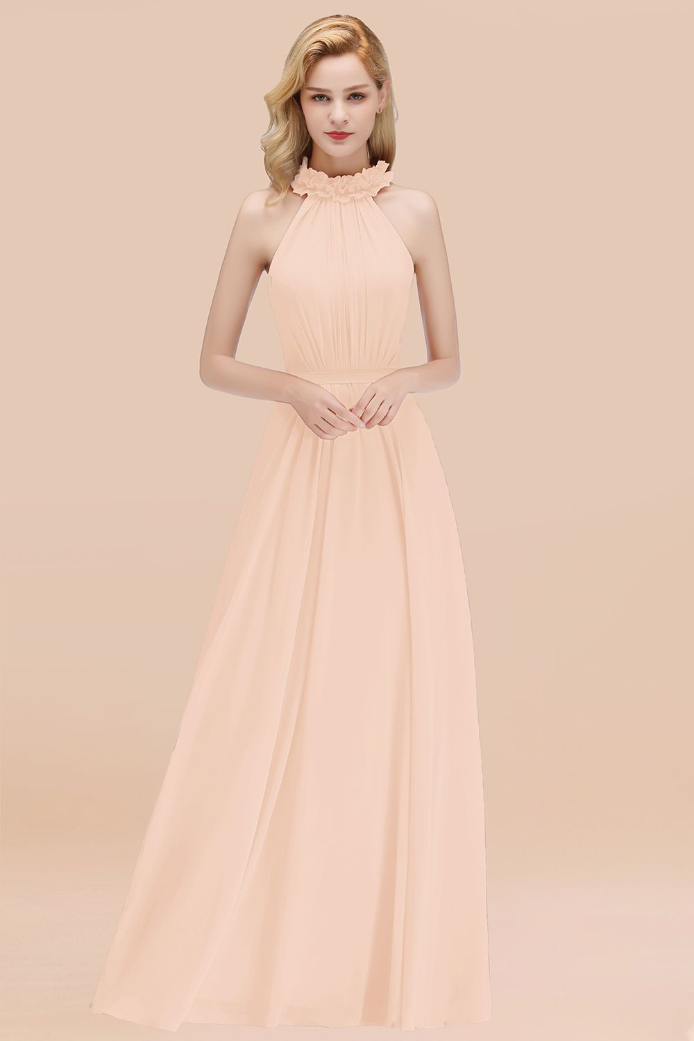 Blush High Neck Chiffon A-Line Long Bridesmaid Dress