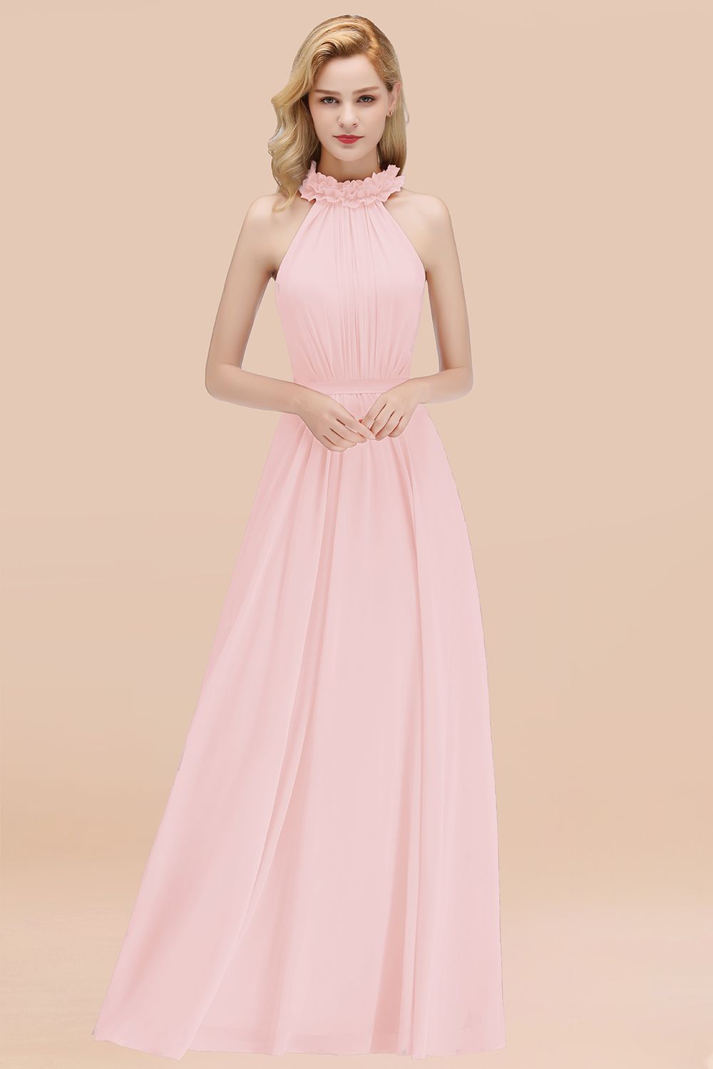 Blush High Neck Chiffon A-Line Long Bridesmaid Dress