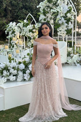 Blush Off The Shoulder A-Line Long Prom Dress with Beading