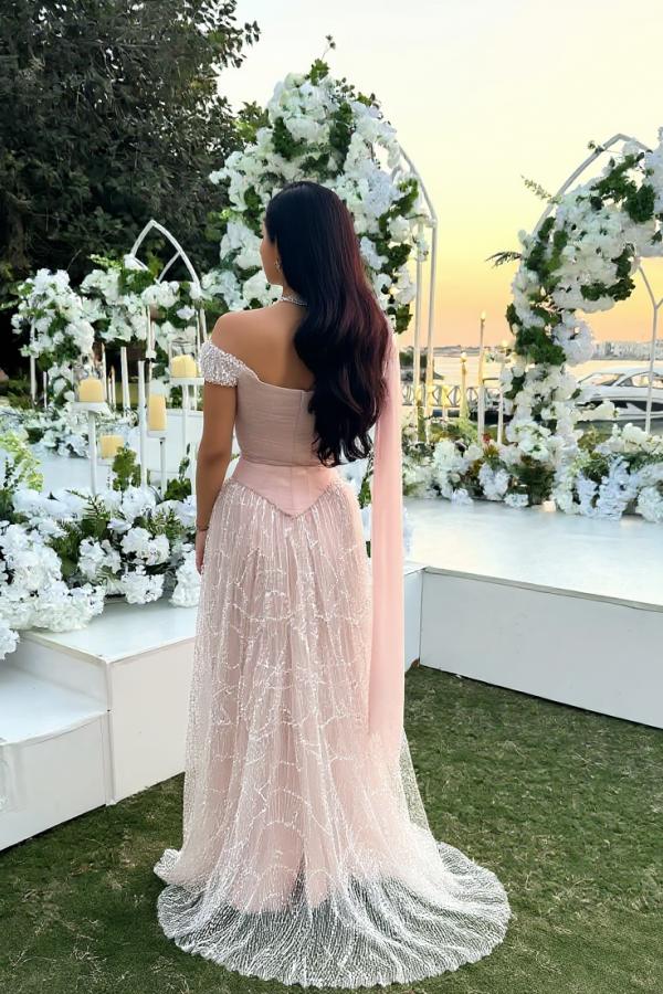 Blush Off The Shoulder A-Line Long Prom Dress with Beading Back View