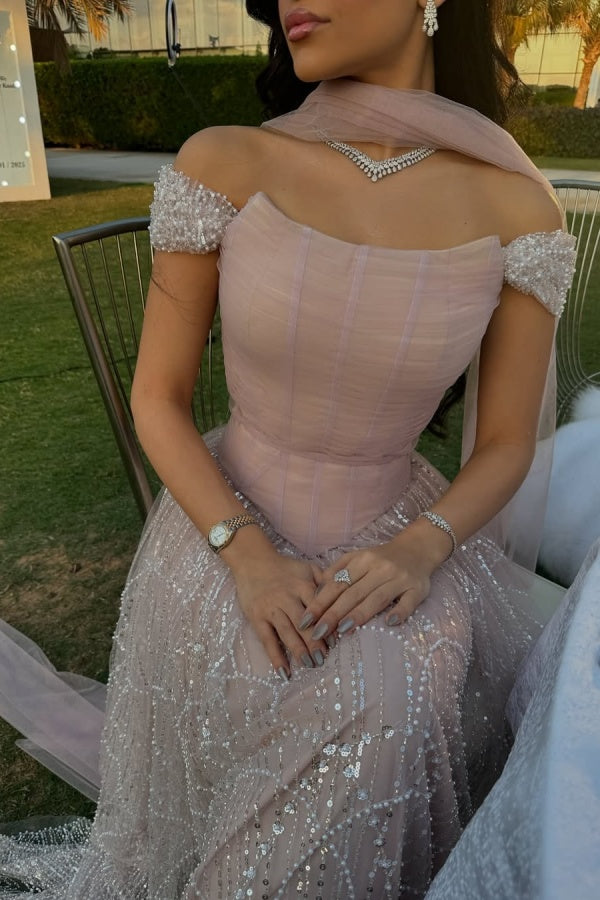 Blush Off The Shoulder A-Line Long Prom Dress with Beading Bodice Detail