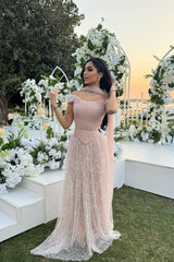 Blush Off The Shoulder A-Line Long Prom Dress with Beading