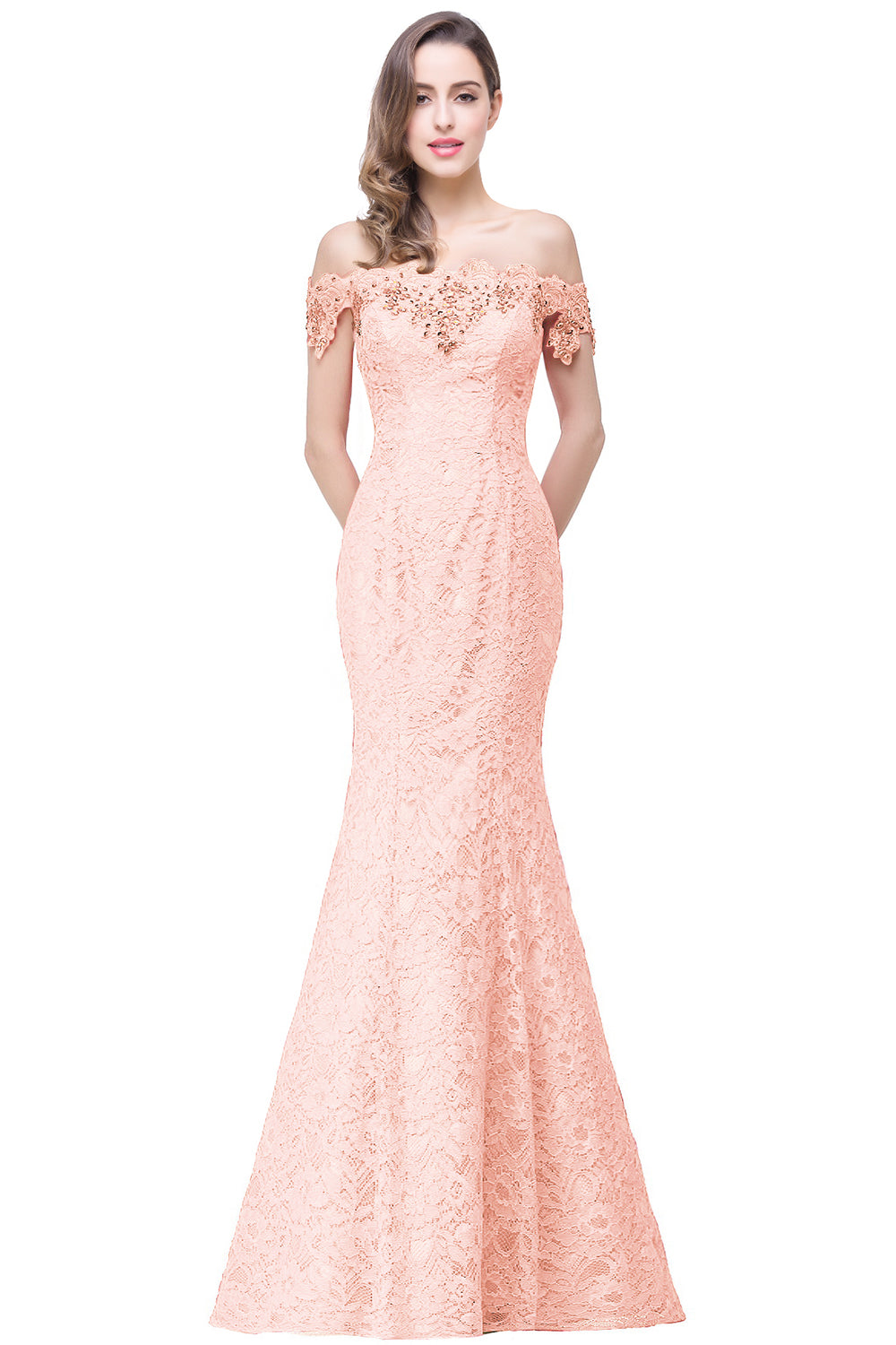 Blush Off The Shoulder Lace Mermaid Long Prom Dress